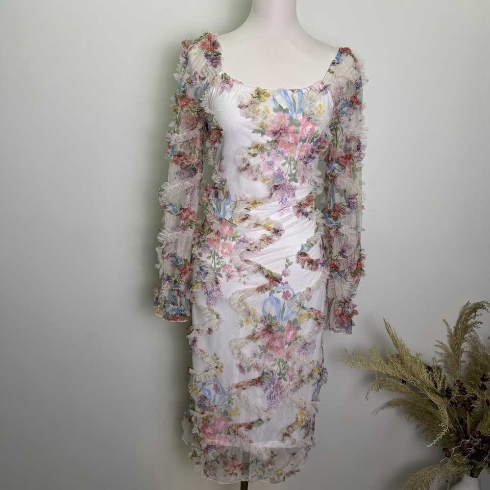 Pastel Floral Mesh Ruched Midi Dress Vertical Ruffle Sheer Long Sleeve Large